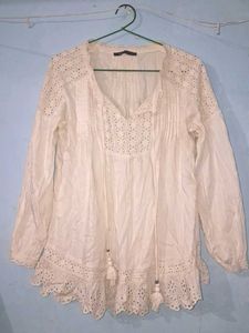White Eyelet Lace Tassel Blouse