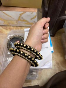 Onyx Black &amp; Gold Pearl-Bead Kada Pair