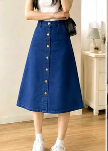 (New)Blue Denim Button-Front Midi Skirt