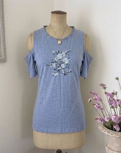 Blue Cold Shoulder Top with Floral Embroidery