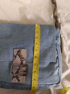 Denim Shoulder Bag with Snake Print Accent