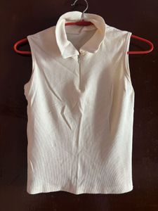Cream Ribbed Zip Polo Tank Top