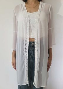 White Sheer Lace Trim Cardigan