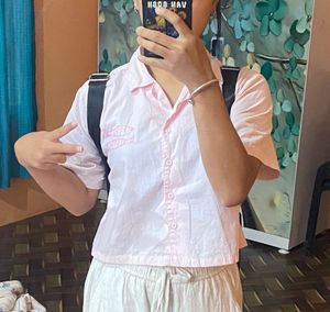 Cute Pink Fish Embroidered Button-Up Shirt