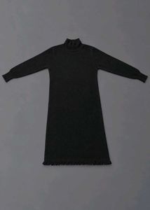 BLACK HIGH NECK LONG SLEEVE FRINGE HEM MIDI DRESS