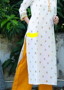 White Kurta with Mustard Yellow Accents