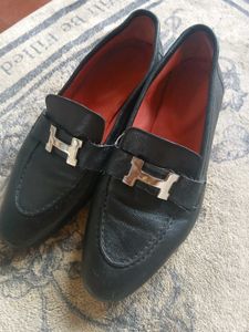 Authentic Hermes Black Leather Loafers with H Buck