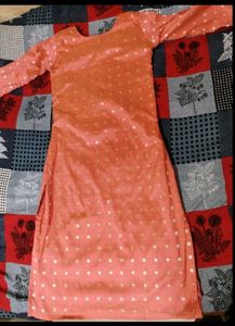 Peach Polka Dot Kurta Set with Embellished Necklin