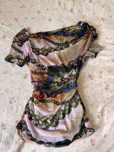 Sheer Printed Ruched one sided offshoulder top