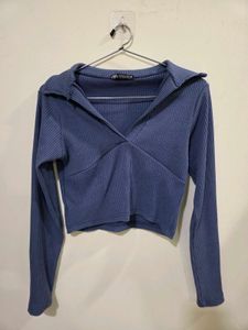 Blue Ribbed Crop Top