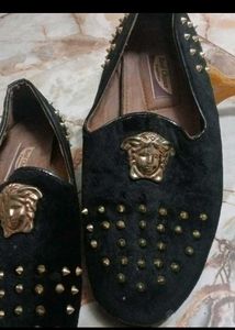 Black Studded Loafers with Medusa Accent
