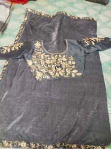 velvet grey saree with stiched blouse
