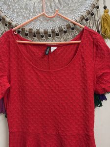 H&M Red Textured Fit & Flare Dress