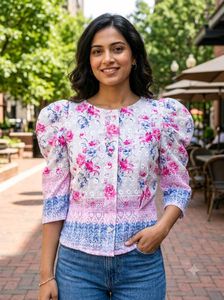 Floral Chikankari Puff-Sleeve Cotton Top