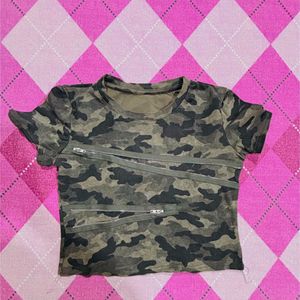 Camouflage Cropped Top with Zipper Detail