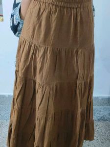 Brown Pleated Flared Maxi Skirt - Free Size