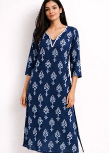Blue Cotton Printed Kurti with White Leaf Motif