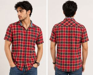 s.oliver Men's Red Plaid Short Sleeve Shirt