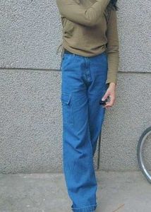 Wide Leg Denim Cargo Pants