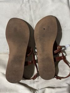 Beaded Brown Leather T-Strap Sandals