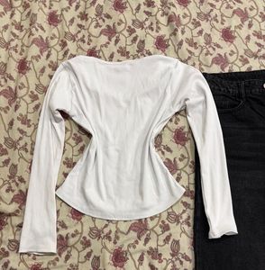 White Ribbed Long Sleeve Top
