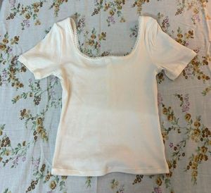 White Ribbed Square Neck Top
