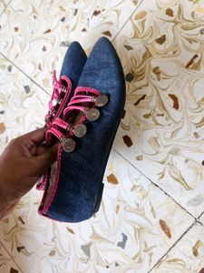 Denim Ballet Flats with Pink Accents