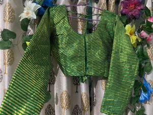 Green &amp; Gold Striped Saree Blouse