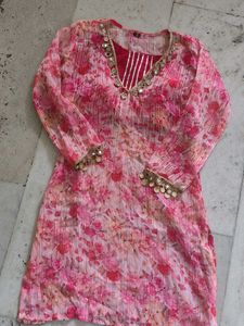 Beautiful Pink Floral Kurta Set with Mirror Work