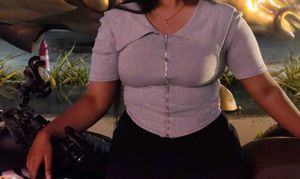 Grey Ribbed Zipper Neck Top