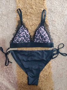 Leopard Print Lace Trim Bikini Set