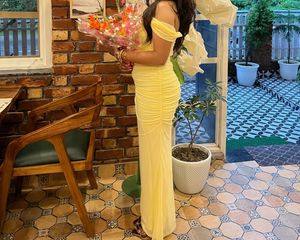 Savana Elegant Yellow Off-Shoulder Ruched Maxi Dre