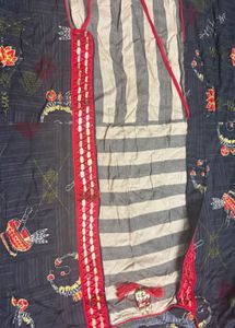 Dark Blue Printed Dupatta with Red Border