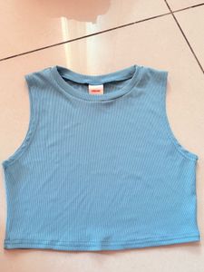 Blue Ribbed Sleeveless Cropped Tank Top