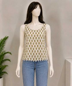 Boho Print Tunic Top with Pom-Pom Trim
