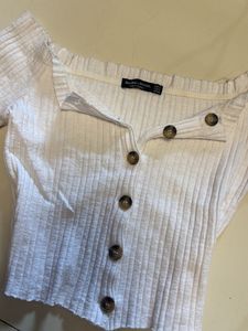 Bershka ripped off-shoulder buttonup croptop