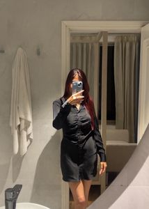 Chic Black Ruched Shirt Dress