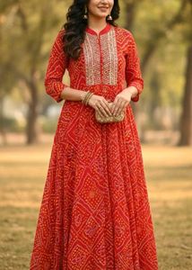 Xl New Unused Georgette Red Bandhani Anarkali