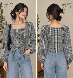 Gingham Square Neck Puff Sleeve Top