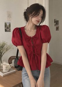 Pinteresty Red Tie Top with Puff Sleeves