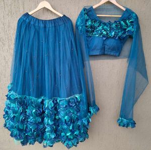 🦚 Ocean Blue 3D Floral Lehenga Choli Set ✨