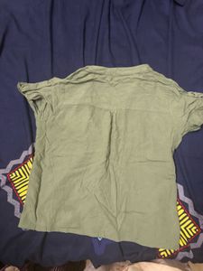 Olive Green Short Sleeve Button-Up Top