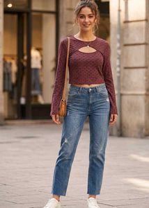Maroon Geometric Print Bell Sleeve Top