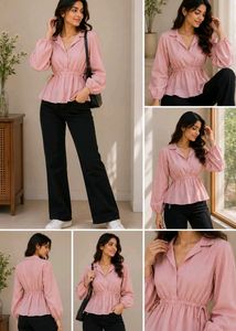 Chic Pink Peplum Top with Balloon Sleeves