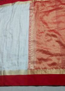 Elegant White &amp; Red Saree with Gold Border