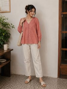 coral embroidered long top