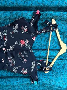 Navy Blue &amp; Red Floral Printed Flare Dress