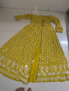 Women's Yellow Embroidered Anarkali Gown with Mirr