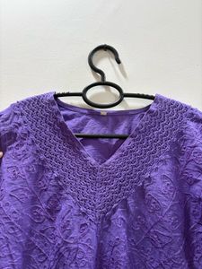 Purple Embroidered Cotton Kurti Top