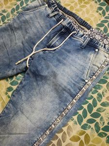 Stylish Acid Wash Jeans with Side Tape Detail